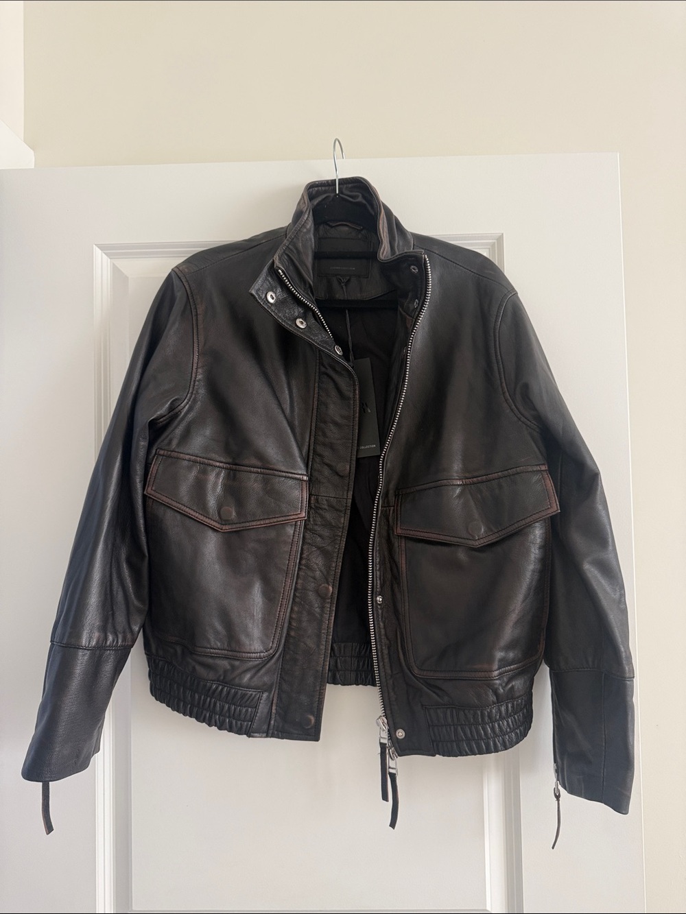 Zara Men's Dark Brown Leather Bomber Jacket